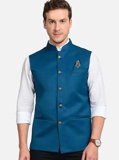 This is only a reference purpose image....Waist Coat for Men, Check Our Wide Range of Stylish and Trending Menswear for Every Special Occasion, Wedding Ceremony, Function, and marriage Etc, Product Details:  Waistcoat Details: Color - Teel Blue, Fabric - Cotton Shirt Details - Color - White, Fabric - Giza Cotton Pant Detials - Color - Black, Fabric - Black **Important Note 1 Customization - We Can Customize the Products That Are Not Printed, Contact Us Via Messages If You Have Any Queries. Color - Color Can Be Customized for the Products(not Printed), Tell Us What Color You Want or We Will Make That for You, **Important Note 2 Measurements - the Measurements Are to Be Given According to the Chart Given in the Picture.  for Accurate Fitting You Have to Provide the Following Measurements Det Waist Coat Men Formal, Blue Nehru Jacket Men, Blue Kurta With Nehru Jacket For Men, Formal Blue Unstitched Nehru Jacket, Festive Blue Nehru Jacket, Designer Blue Fitted Nehru Jacket, Waist Coat Men, Short Kurta For Men, Formal Suits Men