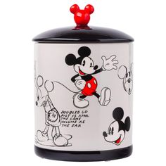 a mickey mouse canister with red and black trimmings on the lid,