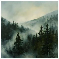 a painting of trees and fog in the mountains