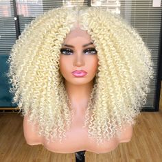 This Is A Beautiful Full Lacefront Curly Wig 13x4 X1 Hd T Part Lace Platinum Blonde Wig Is 17 Inched Long Super Easy To Apply With Not Much Work To Keep Hair Is Synthetic But It's Look And Feel Natural. #Hair #Wig #Curlywig #Synthetichair Curly Afro Wig, Afro Wigs, Curly Lace Front Wigs, Curly Afro, Blonde Wig, Long Wigs, Synthetic Lace Front Wigs, Blonde Color, Curly Wigs