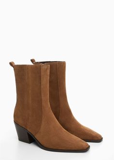 Heel suede ankle boot - Women | Mango USA Fall Brown Boots, Velvet Pants Outfit, Camel Leather Bag, Camel Outfit, Camel Boots, Fall Workwear, Black Velvet Pants, Green Handbag, Mango Outlet