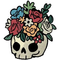 a drawing of a skull with flowers in it