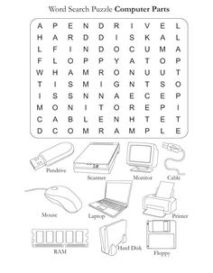 the word search for computer parts is shown in black and white, with an image of computers