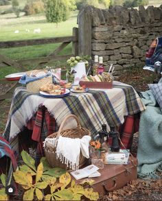 a picnic table with food and drinks on it in front of a stone walled fence