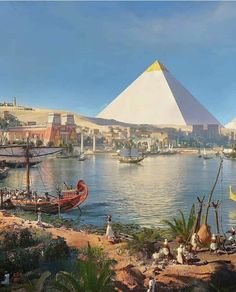 an artist's rendering of the great pyramids in egypt, with boats and people