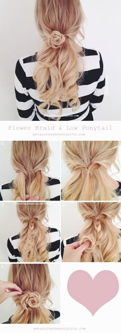 -Wendy- For the hair handicapped #23- Flower braid and low pony. For medium to long hair lengths. Crown Hairstyle, Braided Crown, Flower Braids, Hairstyle Tutorials, Spring Hairstyles