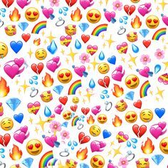 many different emoticions and hearts on a white background with rainbows, raindrops, stars