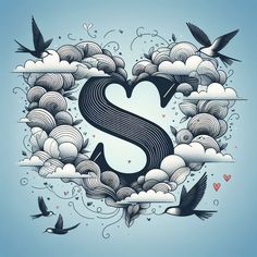 the letter s is surrounded by birds and clouds in the shape of a heart with swirls