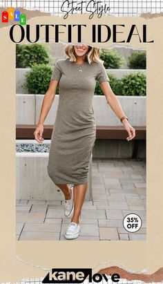 O Neck Short Sleeve Dress Casual Khaki Midi Dress For Summer, Casual Khaki Knee-length Dress, Casual Knee-length Khaki Dress, Casual Solid Color Midi Dress For Day Out, Casual Gray Summer Midi Dress, Casual Short Sleeve Midi Dress For Fall, Casual Gray Midi Dress For Summer, Casual Fitted Midi Dress For Spring, Fitted Casual Midi Dress For Day Out