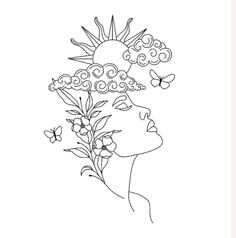 a woman's head with flowers and butterflies on it, in black and white