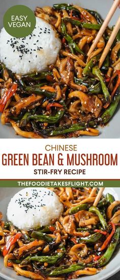 chinese green bean and mushroom stir fry recipe with chopsticks in the middle on a white plate