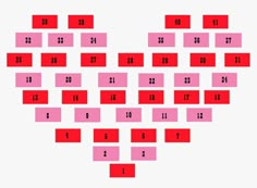 a heart made up of squares with numbers on them in pink and red colors against a white background