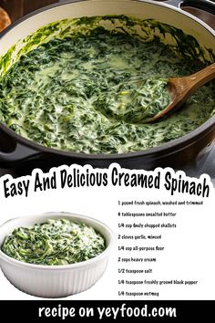 spinach soup in a skillet with instructions for how to make it and the recipe below