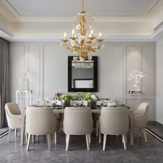 an elegant dining room with chandelier and chairs