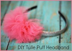 a pink pom - pom headband with the words diy tulle puff headband