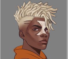 a drawing of a man with white hair and dreadlocks on his head, wearing an orange shirt