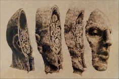 three drawings of heads with intricate designs on them