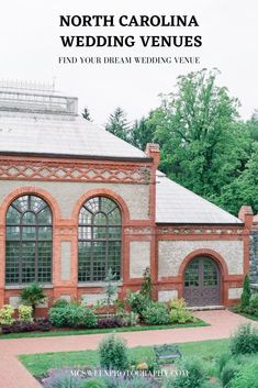 the north carolina wedding venue is located in an old brick building with large arched windows