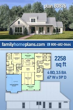 two story house plan with 3 bedroom and 2 bathrooms on the first floor, an attached garage