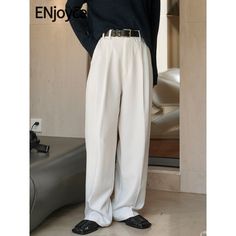 $40.38 50％ Off | ENjoyce 2023 Winter Women Vintage Commuter Simple Western Pants Korean Fashion High Waist Loose Straight Wide Leg Suit Trousers White Full-length Wide Leg Office Pants, Elegant Baggy Straight-leg Dress Pants, Korean Baggy Trousers, Vintage White Straight Leg Pants, White Full-length Wide Leg Pants With Pockets, Western Pants, Suit Trousers