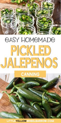 pickled jalepenos in glass jars on a cutting board with text overlay