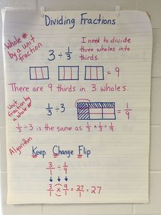 a piece of paper with writing on it that says dividing fractions and three thirds