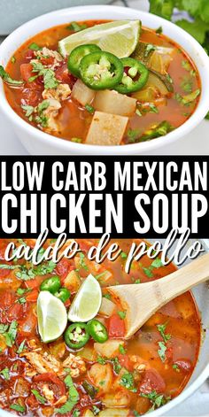 two bowls of low carb mexican chicken soup with limes and jalapenos