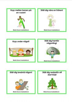 four different types of children's pictures in green and white, with the words