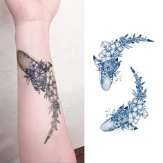 a woman's arm with flowers on it and a drawing of a flower arrangement