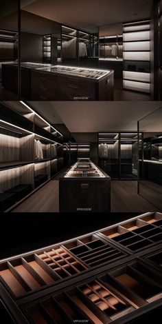 multiple shots of the inside of a room with many drawers and shelves in it, all lit up at night