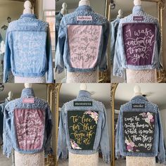 the back of a denim jacket that has writing on it, and two different colors