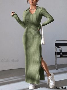 Olivia Mark - Knitted Slim Fit Lapel Long Sleeve Dress with Ribbed Design in Solid Color Ribbed Dress, Mid Length Skirts, Ribbed Dresses, Knitted Dress, Reddish Brown, Chic Sundress, Knitting Women, Buy Dress, Types Of Skirts