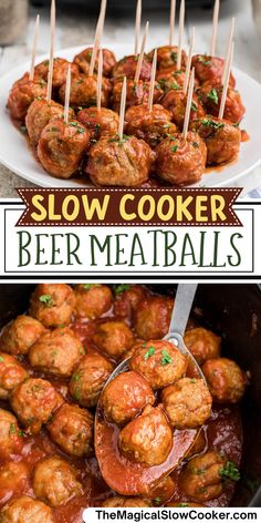 slow cooker beef meatballs with tomato sauce and toothpicks in the middle