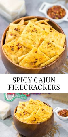 spicy cajun firecrackers in a wooden bowl with text overlay that reads spicy cajun firecrackers