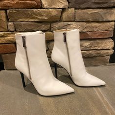 Brand New Michael Kors Keke Booties In White Size 5.5m White High Ankle Fitted Heels, White Fitted High Ankle Heels, White Boots With 4-inch Heel And Round Toe, White Fitted Boots With 4-inch Heel, White Closed Toe Booties For Party, White Ankle-high Heeled Boots For Party, White Heels With Padded Ankle For Fall, White Ankle-high Heels For Formal Occasions, White High Ankle Heels For Fall