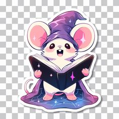 a cute mouse reading a book while wearing a wizard hat and holding it in its paws