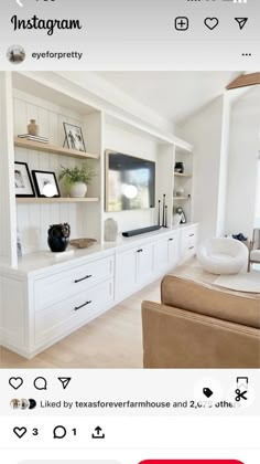 a living room filled with furniture and a flat screen tv on top of a white entertainment center