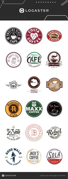 the logos for coffee shops and restaurants are shown in this graphic style, which includes different types