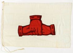 a drawing of a hand holding a red fire hydrant on a white cloth background