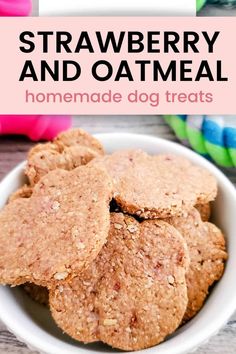 homemade dog treats in a bowl with text overlay that reads, strawberry and oatmeal homemade dog treats