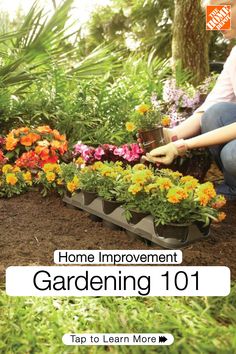 a woman kneeling down in front of some flowers with the title home improvement gardening 101