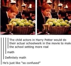 two pictures of harry potter with green apples in a basket and another photo of the same person looking at them