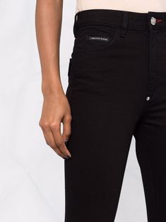 Black cotton-blend denim high-rise flared jeans from PHILIPP PLEIN featuring high waist, belt loops, front button and zip fastening, classic five pockets, flared and slit detailing. | Philipp Plein High-Rise Flared Jeans Philipp Plein Jeans, Denim Pocket, High Waisted Flares, Philipp Plein, Jean Grey, Flared Jeans, High Rise Jeans, High Waisted Denim, Waist Belt