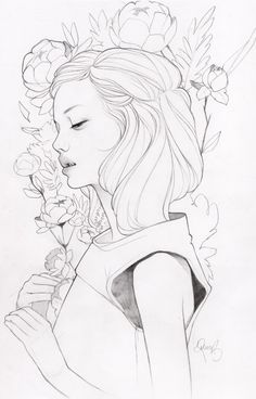 a drawing of a girl with flowers in her hair