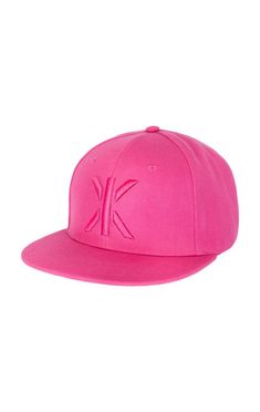 a pink hat with the letter k on it's front and side paneling