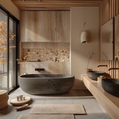 a large bath tub sitting in the middle of a bathroom