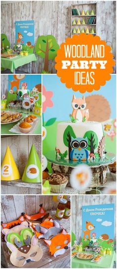 this is a collage of pictures with animals and trees on them, including an owl cake