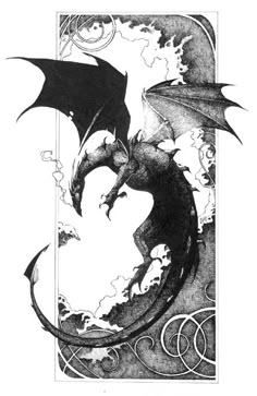 a black and white drawing of a dragon