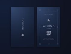 the front and back side of a business card with an elegant blue design on it