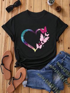 Teen Girls' Heart & Butterfly Printed Short Sleeve T-Shirt Black Casual  Short Sleeve Polyester Animal,Geometric,Heart  Slight Stretch  Teen Girls Clothing, size features are:Bust: ,Length: ,Sleeve Length: Cute Butterfly Print T-shirt For Spring, Multicolor Heart Graphic T-shirt For Spring, Spring Multicolor T-shirt With Heart Graphic, Black Heart Print T-shirt For Spring, Multicolor Heart-shaped Top For Summer, Spring Heart Print T-shirt, Casual Multicolor T-shirt With Heart Print, Casual Multicolor Heart Print T-shirt, Casual Pink T-shirt With Butterfly Print